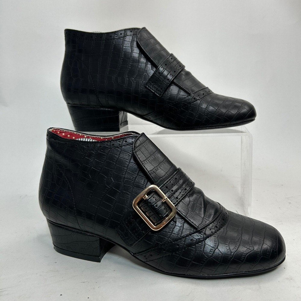 BAIT Madeline Mod Bootie Black Croc Embossed Monk Strap Ankle Boots Retro Size 7